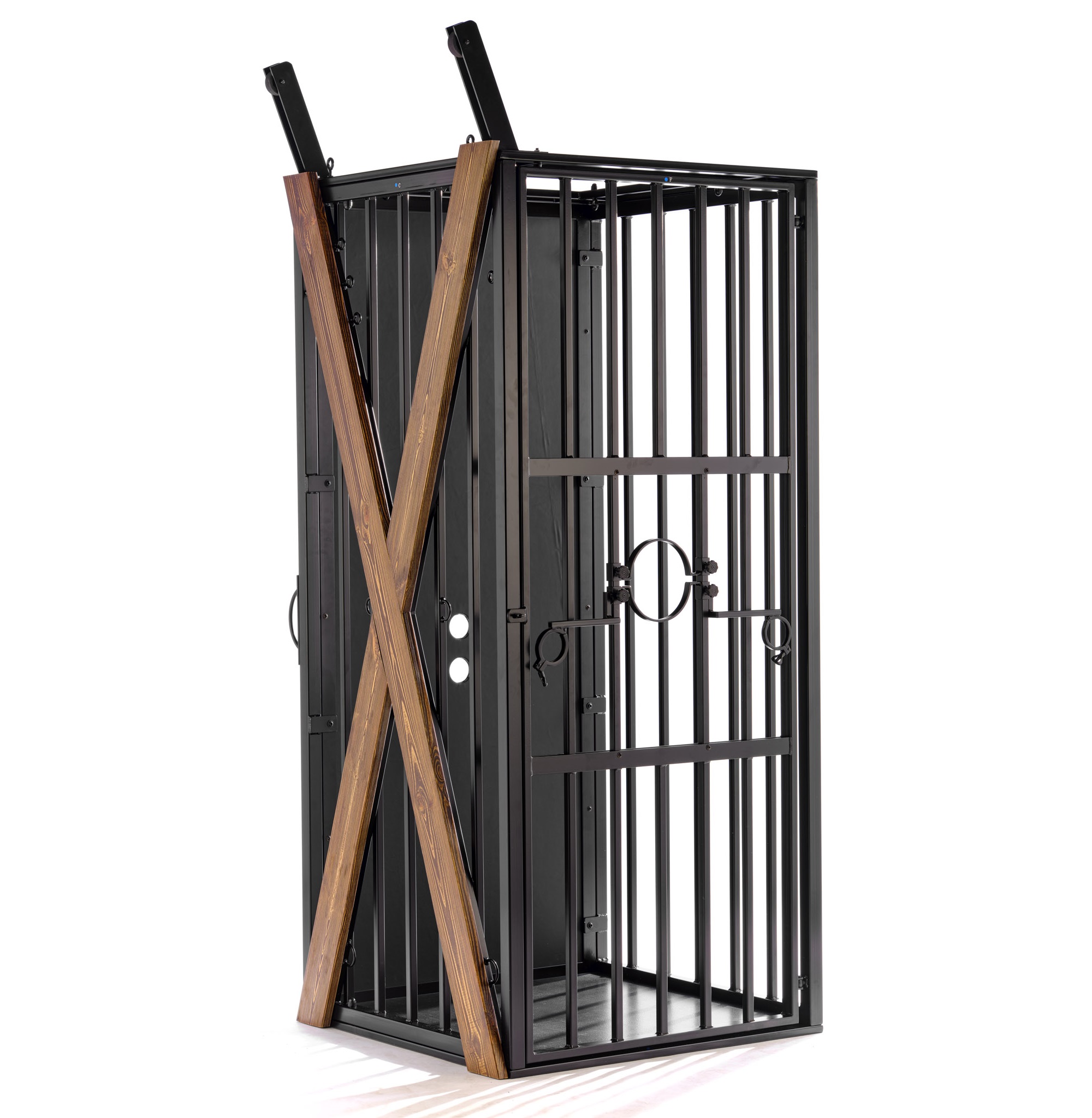 Black Powdercoated Steel Upright Stand Up Slave Cage with Glory Hole and St. Andrew's cross Luxxx.eu